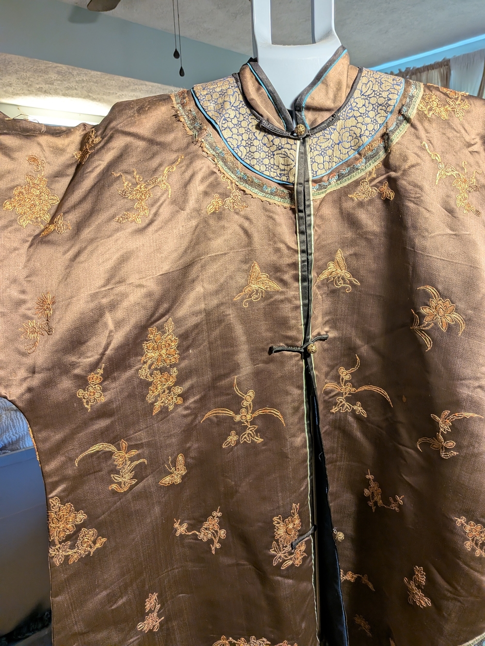Embroidered Brown Silk-Blend Cape with Mandarin Collar
